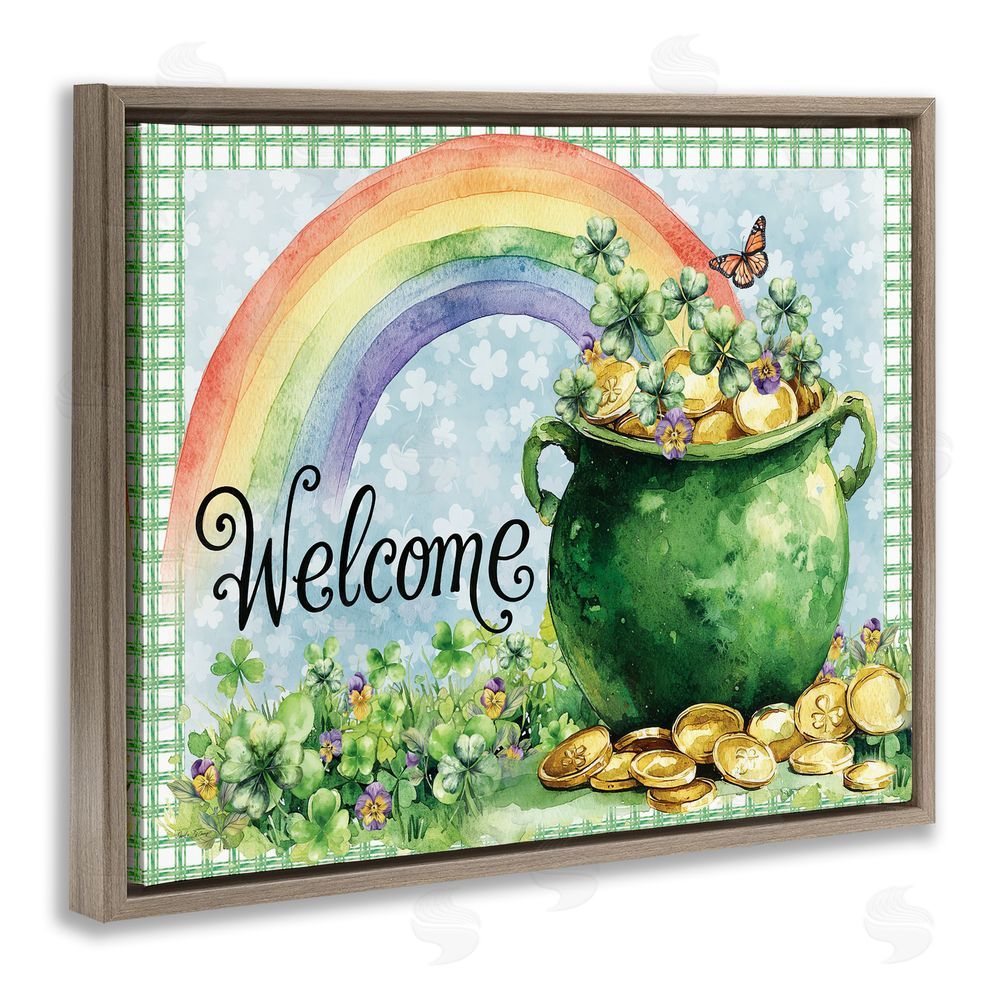 Nicole DeCamp Welcome Rainbow Pot Of Gold Brown Floating Frame Canvas Wall Art Print