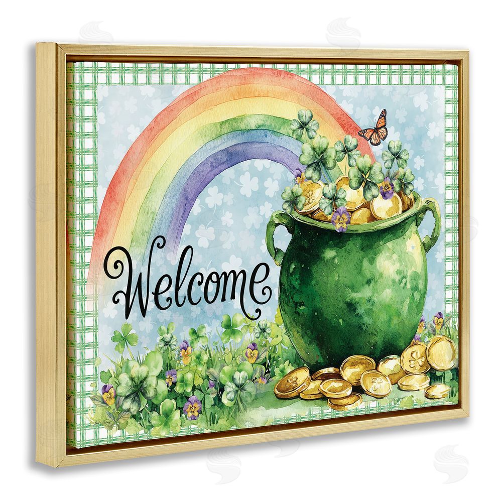Nicole DeCamp Welcome Rainbow Pot Of Gold Gold Floating Frame Canvas Wall Art Print