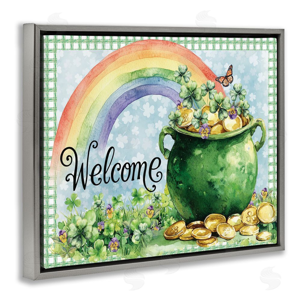 Nicole DeCamp Welcome Rainbow Pot Of Gold Gray Floating Frame Canvas Wall Art Print