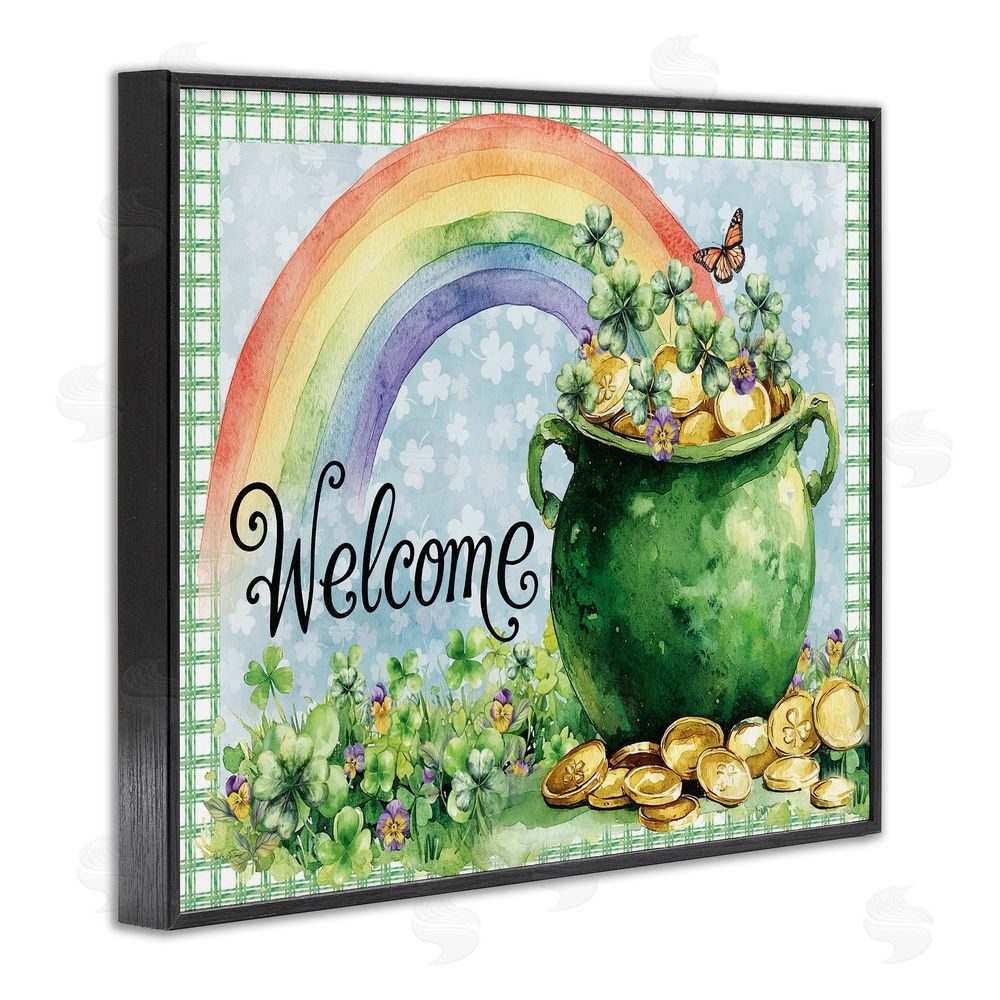 Nicole DeCamp Welcome Rainbow Pot Of Gold Black Framed Giclee Wall Art Print