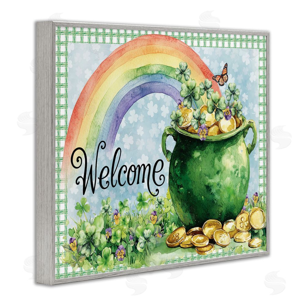 Nicole DeCamp Welcome Rainbow Pot Of Gold Gray Framed Giclee Wall Art Print