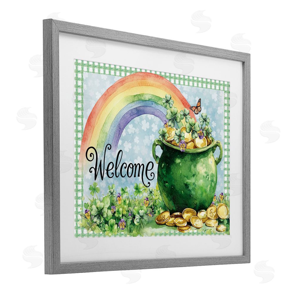 Nicole DeCamp Welcome Rainbow Pot Of Gold Gray Framed Print Under Glass Wall Art