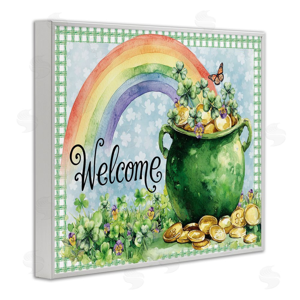 Nicole DeCamp Welcome Rainbow Pot Of Gold White Framed Giclee Wall Art Print
