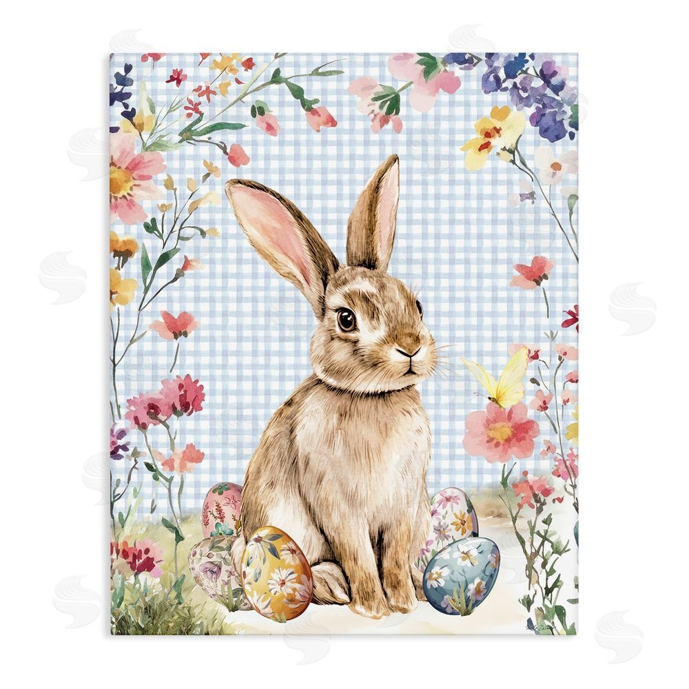 Nicole DeCamp Gingham & Bunny with Eggs Stretched Canvas Wall Art Print