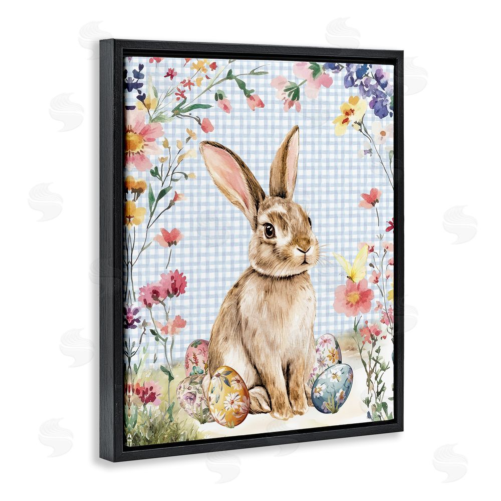Nicole DeCamp Gingham & Bunny with Eggs Black Floating Frame Canvas Wall Art Print