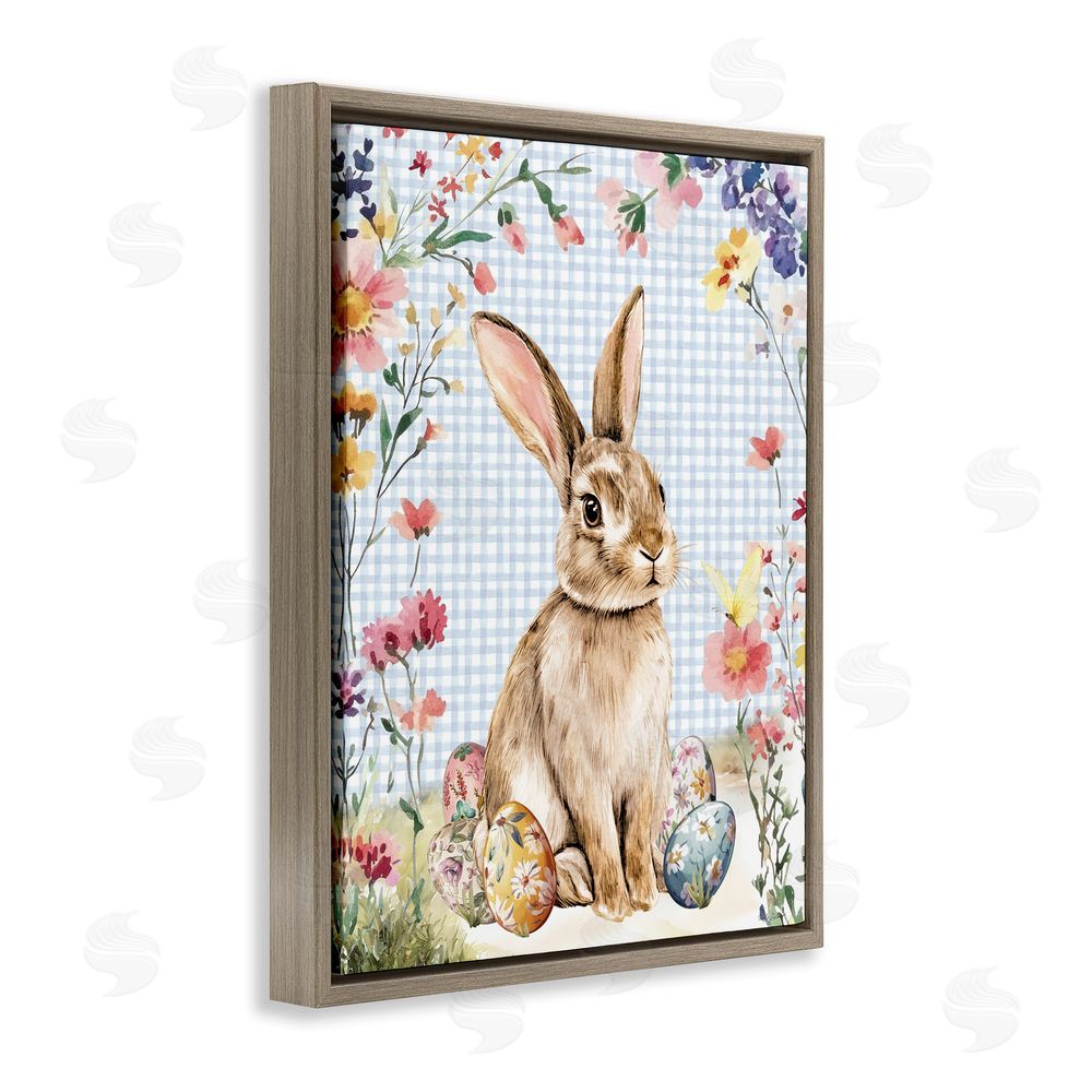 Nicole DeCamp Gingham & Bunny with Eggs Brown Floating Frame Canvas Wall Art Print
