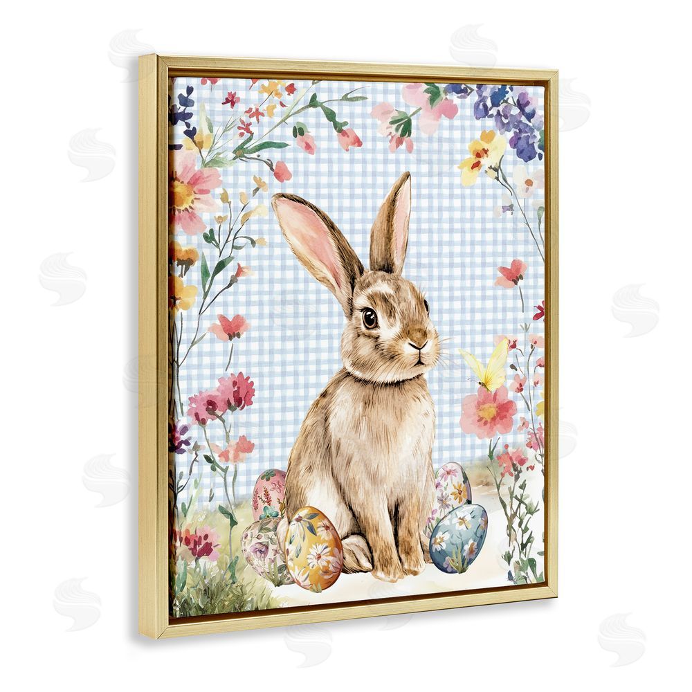 Nicole DeCamp Gingham & Bunny with Eggs Gold Floating Frame Canvas Wall Art Print