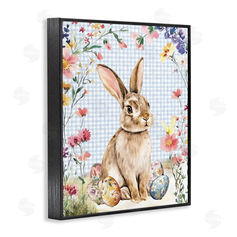 Nicole DeCamp Gingham & Bunny with Eggs Black Framed Giclee Wall Art Print