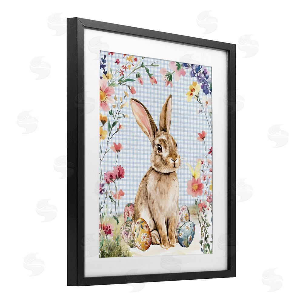 Nicole DeCamp Gingham & Bunny with Eggs Black Framed Print Under Glass Wall Art