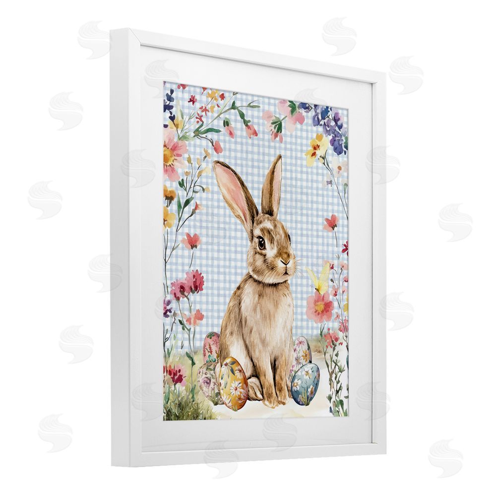 Nicole DeCamp Gingham & Bunny with Eggs White Framed Print Under Glass Wall Art