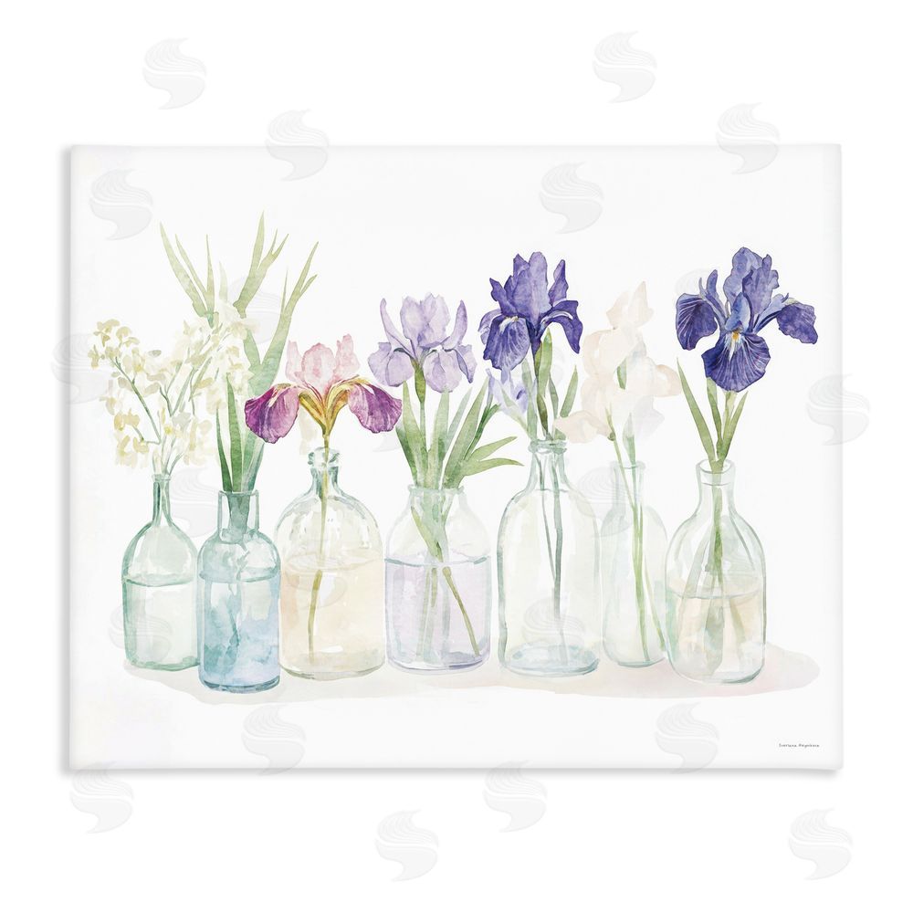 Svetlana Aleynikova Irises in Glass Bottles Stretched Canvas Wall Art Print