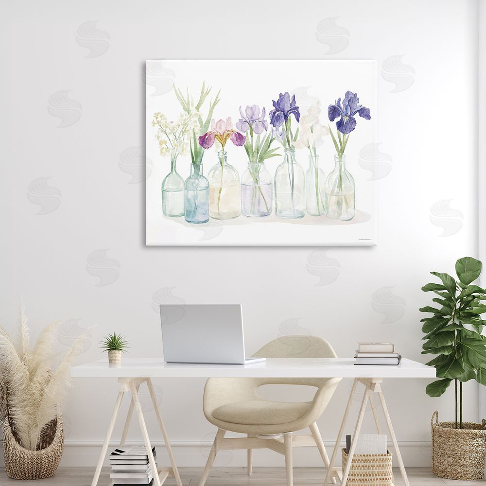 Svetlana Aleynikova Irises in Glass Bottles Stretched Canvas Wall Art in Room