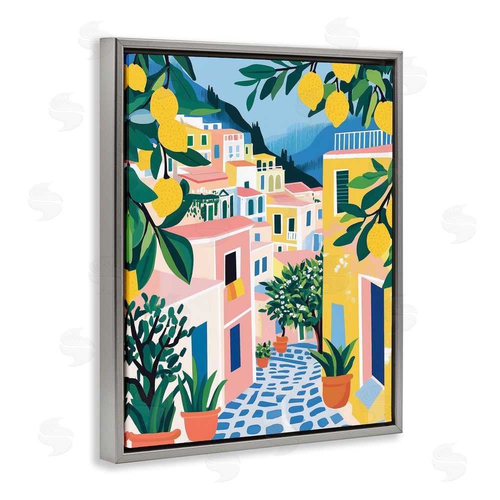 Heidi Kuntz Lemon Lined Mediterranean Village Gray Floating Frame Canvas Wall Art Print
