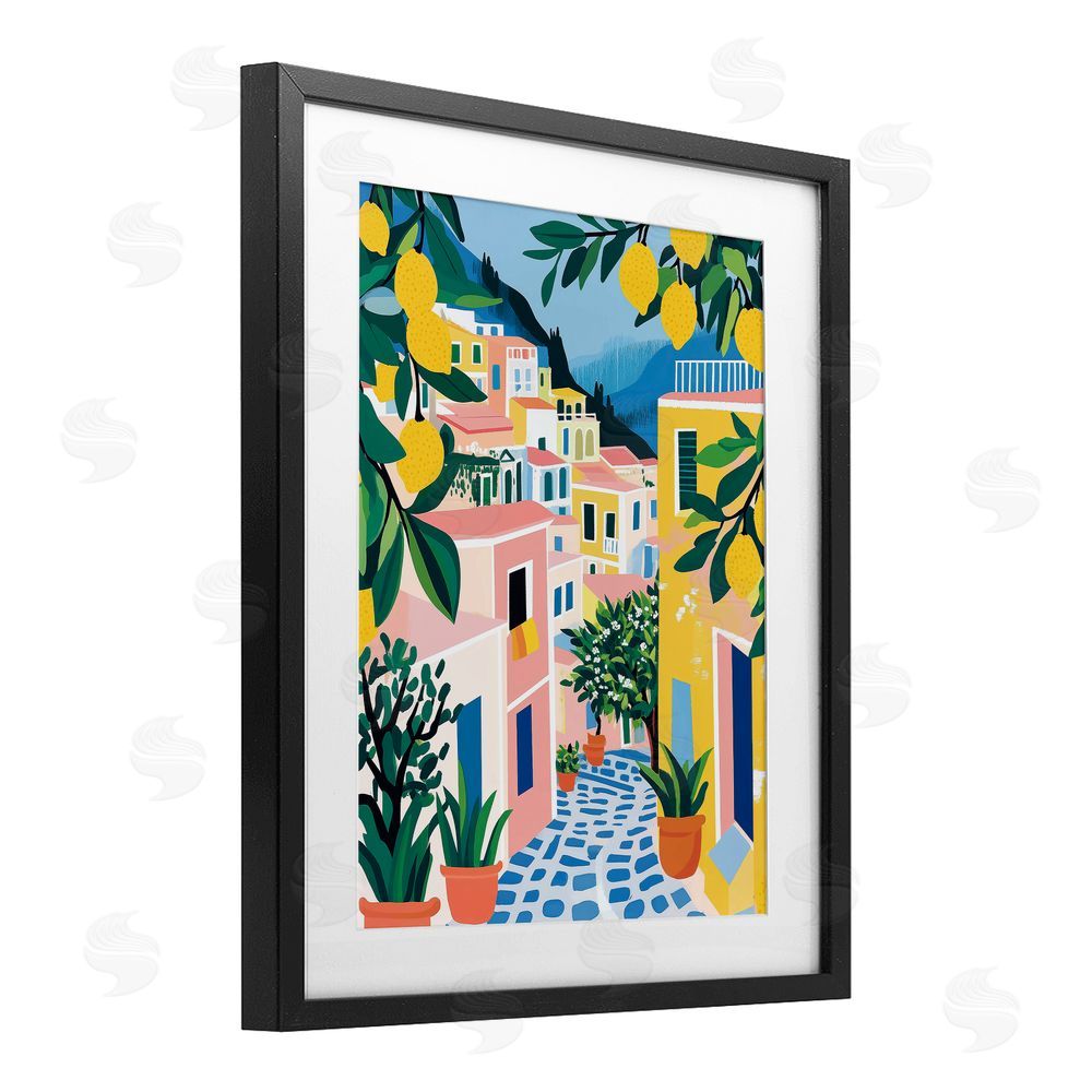 Heidi Kuntz Lemon Lined Mediterranean Village Black Framed Print Under Glass Wall Art