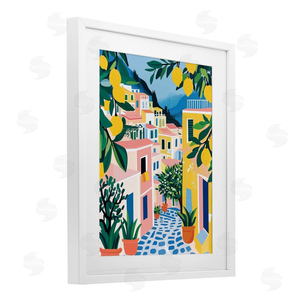 Heidi Kuntz Lemon Lined Mediterranean Village White Framed Print Under Glass Wall Art
