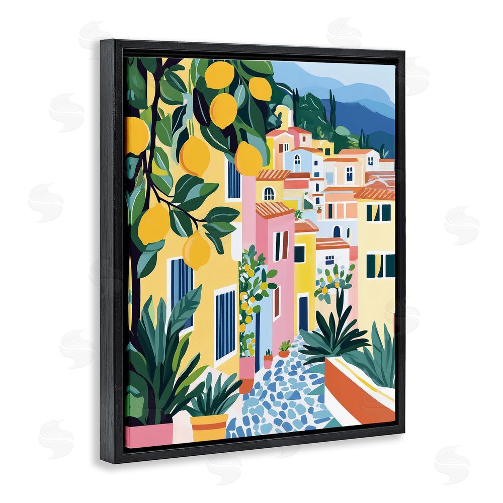 Heidi Kuntz Sunny Mediterranean Village with Lemons Black Floating Frame Canvas Wall Art Print