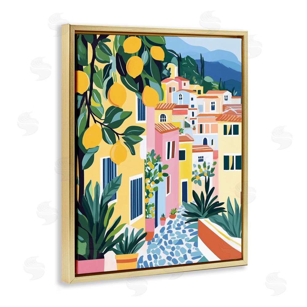 Heidi Kuntz Sunny Mediterranean Village with Lemons Gold Floating Frame Canvas Wall Art Print
