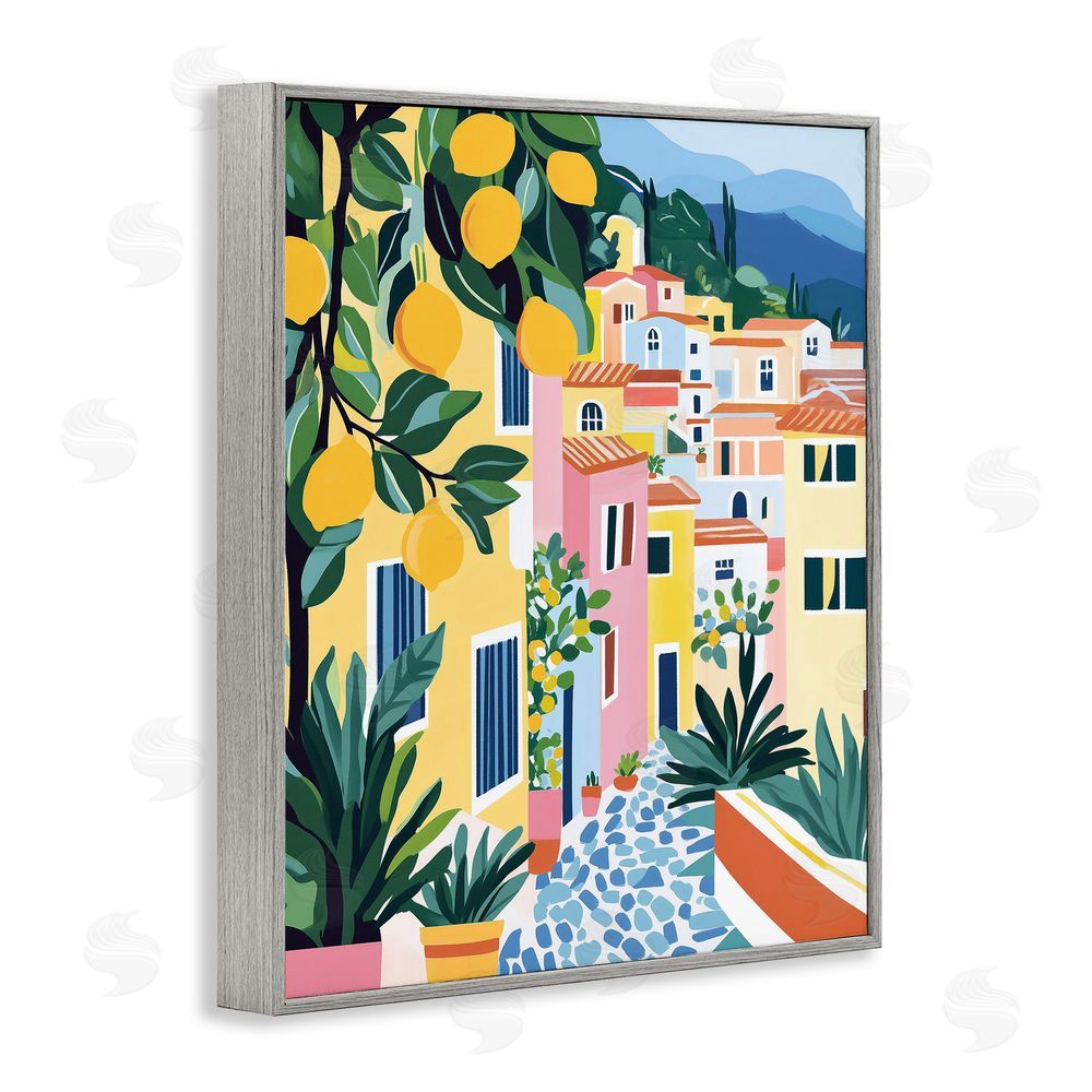Heidi Kuntz Sunny Mediterranean Village with Lemons Gray Framed Giclee Wall Art Print