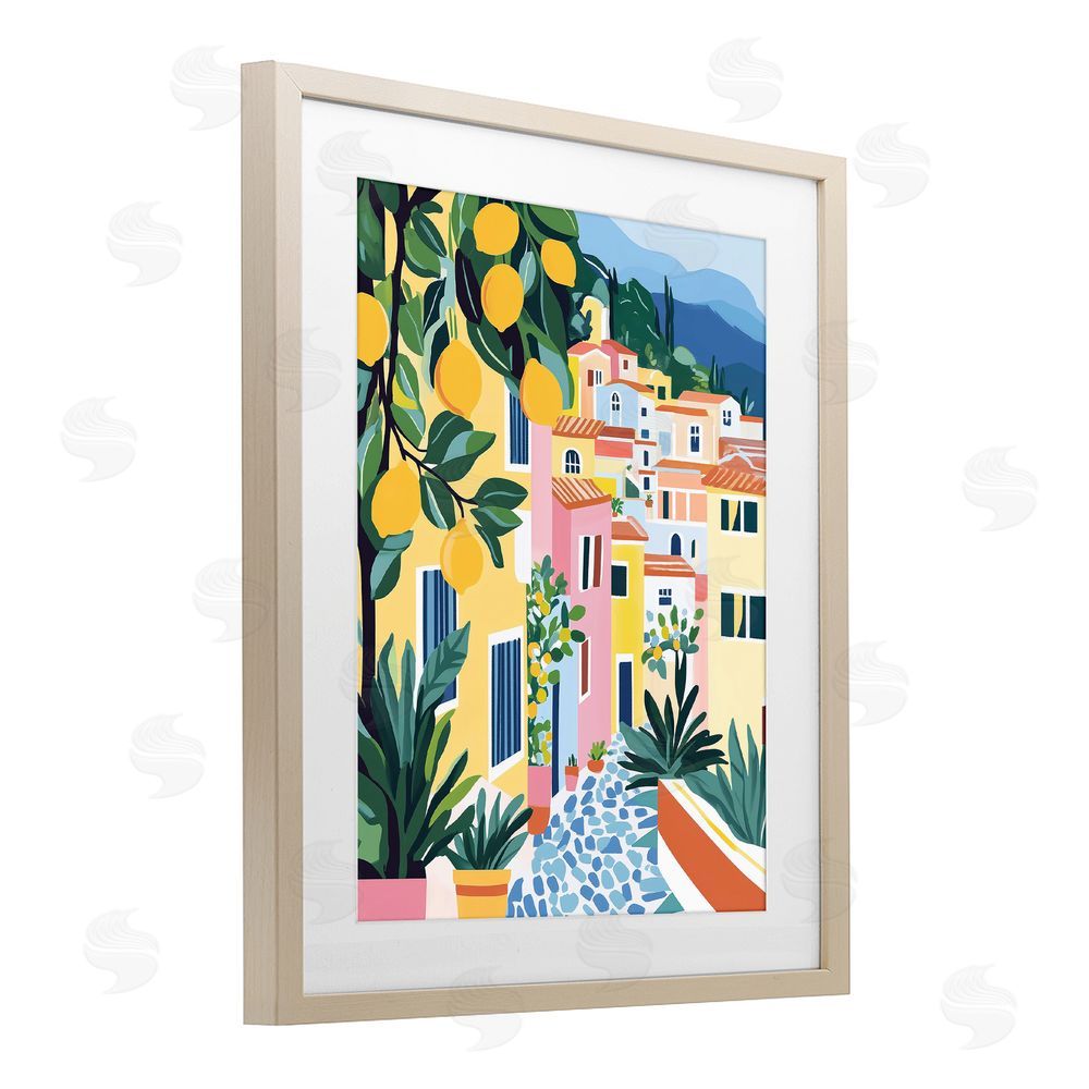 Heidi Kuntz Sunny Mediterranean Village with Lemons Brown Framed Print Under Glass Wall Art