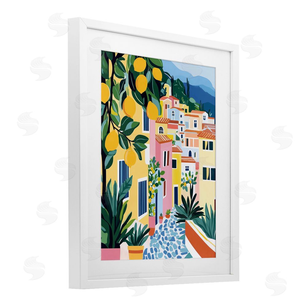 Heidi Kuntz Sunny Mediterranean Village with Lemons White Framed Print Under Glass Wall Art