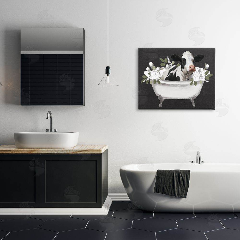 Masey St. Studios Floral Bath Time Cow Stretched Canvas Wall Art in Room
