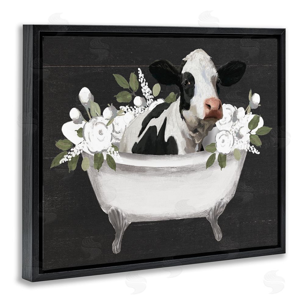 Masey St. Studios Floral Bath Time Cow Black Floating Frame Canvas Wall Art Print