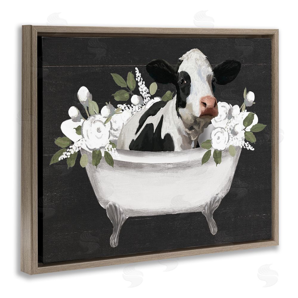 Masey St. Studios Floral Bath Time Cow Brown Floating Frame Canvas Wall Art Print