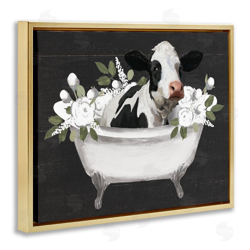 Masey St. Studios Floral Bath Time Cow Gold Floating Frame Canvas Wall Art Print