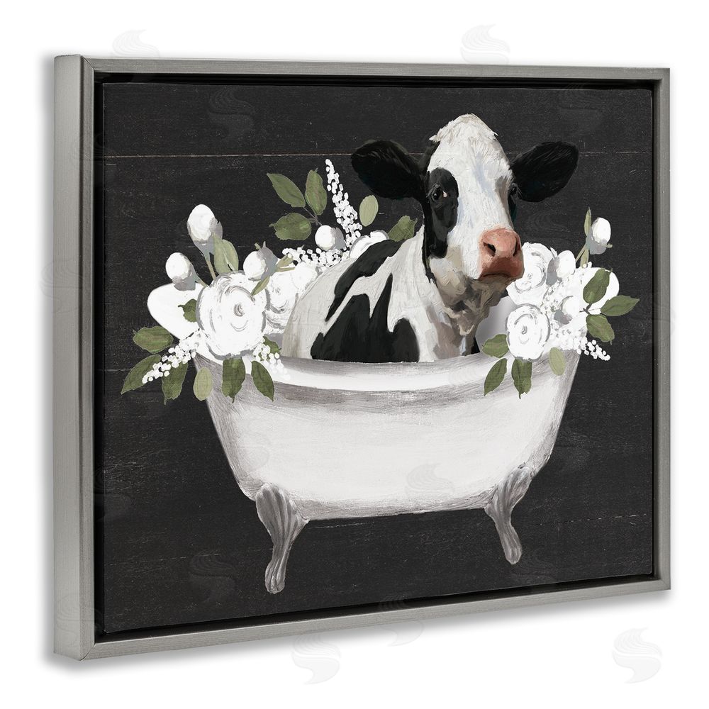 Masey St. Studios Floral Bath Time Cow Gray Floating Frame Canvas Wall Art Print