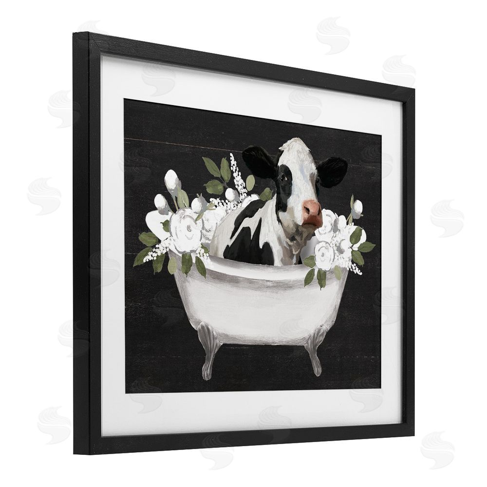 Masey St. Studios Floral Bath Time Cow Black Framed Print Under Glass Wall Art