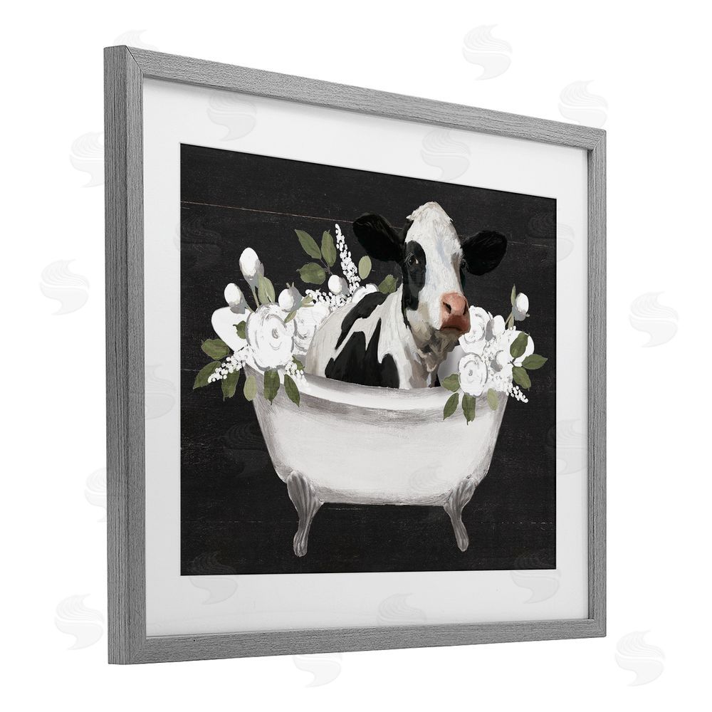 Masey St. Studios Floral Bath Time Cow Gray Framed Print Under Glass Wall Art
