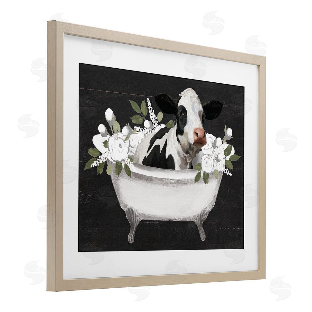 Masey St. Studios Floral Bath Time Cow Brown Framed Print Under Glass Wall Art