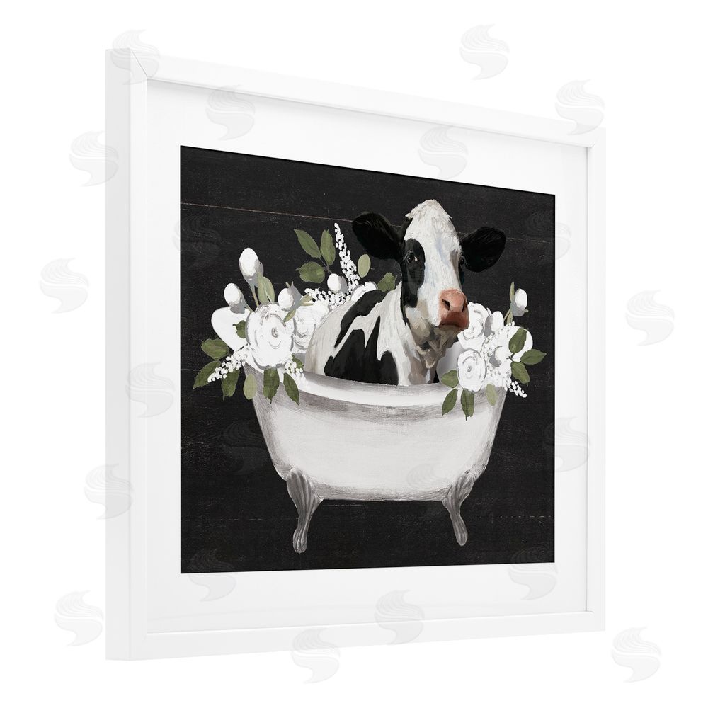 Masey St. Studios Floral Bath Time Cow White Framed Print Under Glass Wall Art