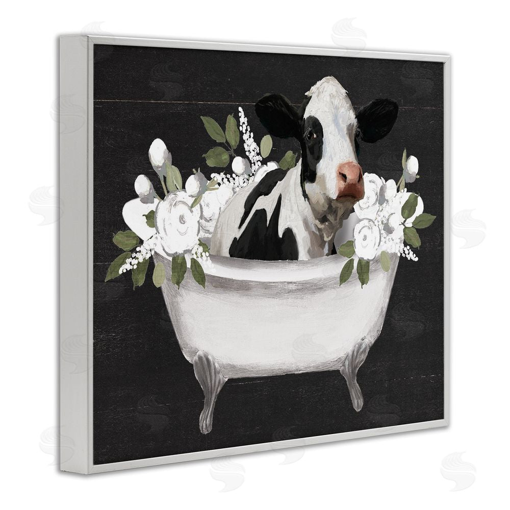 Masey St. Studios Floral Bath Time Cow White Framed Giclee Wall Art Print