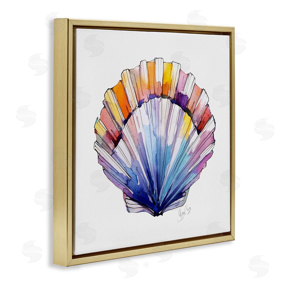 Shelly Craig Coastal Scallop Watercolor Gold Floating Frame Canvas Wall Art Print