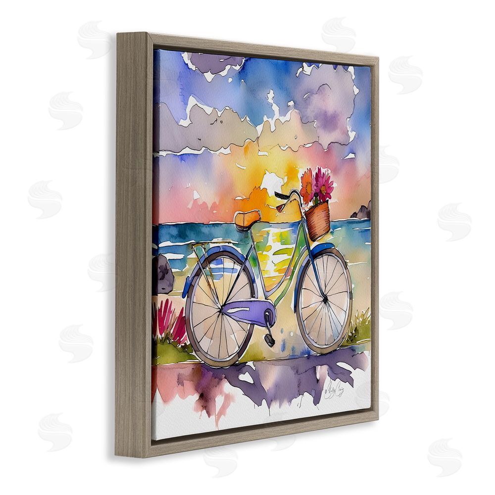 Shelly Craig Bicycle By The Seaside Brown Floating Frame Canvas Wall Art Print
