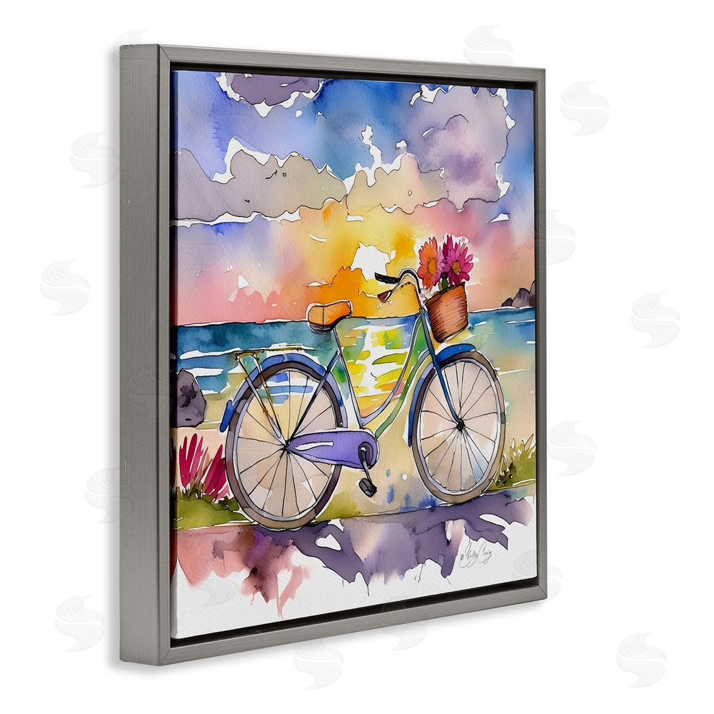 Shelly Craig Bicycle By The Seaside Gray Floating Frame Canvas Wall Art Print