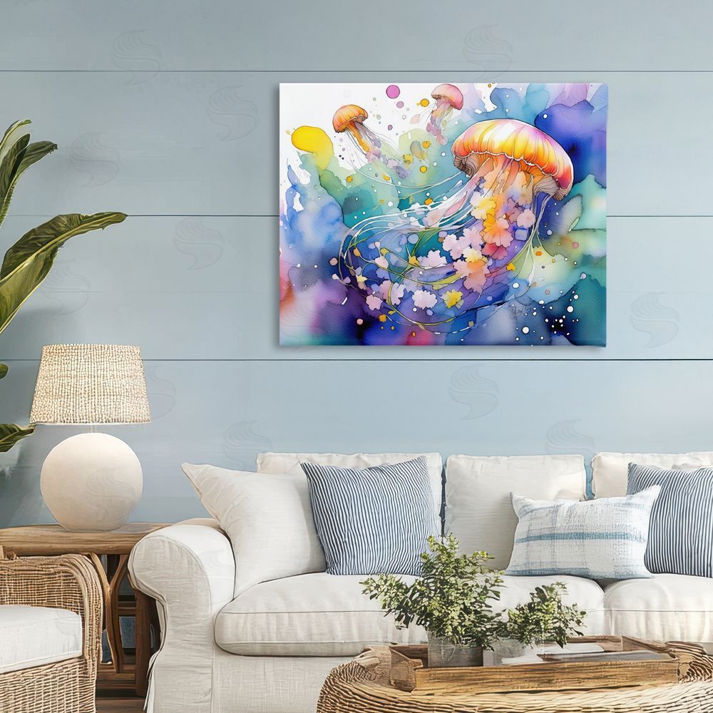 Shelly Craig Neon Jellyfish Underwater Stretched Canvas Wall Art in Room