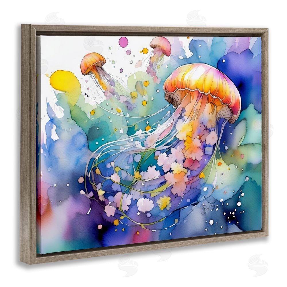 Shelly Craig Neon Jellyfish Underwater Brown Floating Frame Canvas Wall Art Print