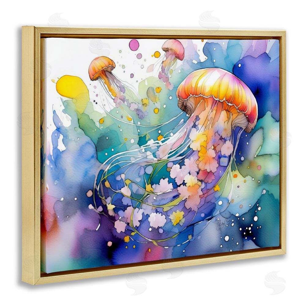Shelly Craig Neon Jellyfish Underwater Gold Floating Frame Canvas Wall Art Print