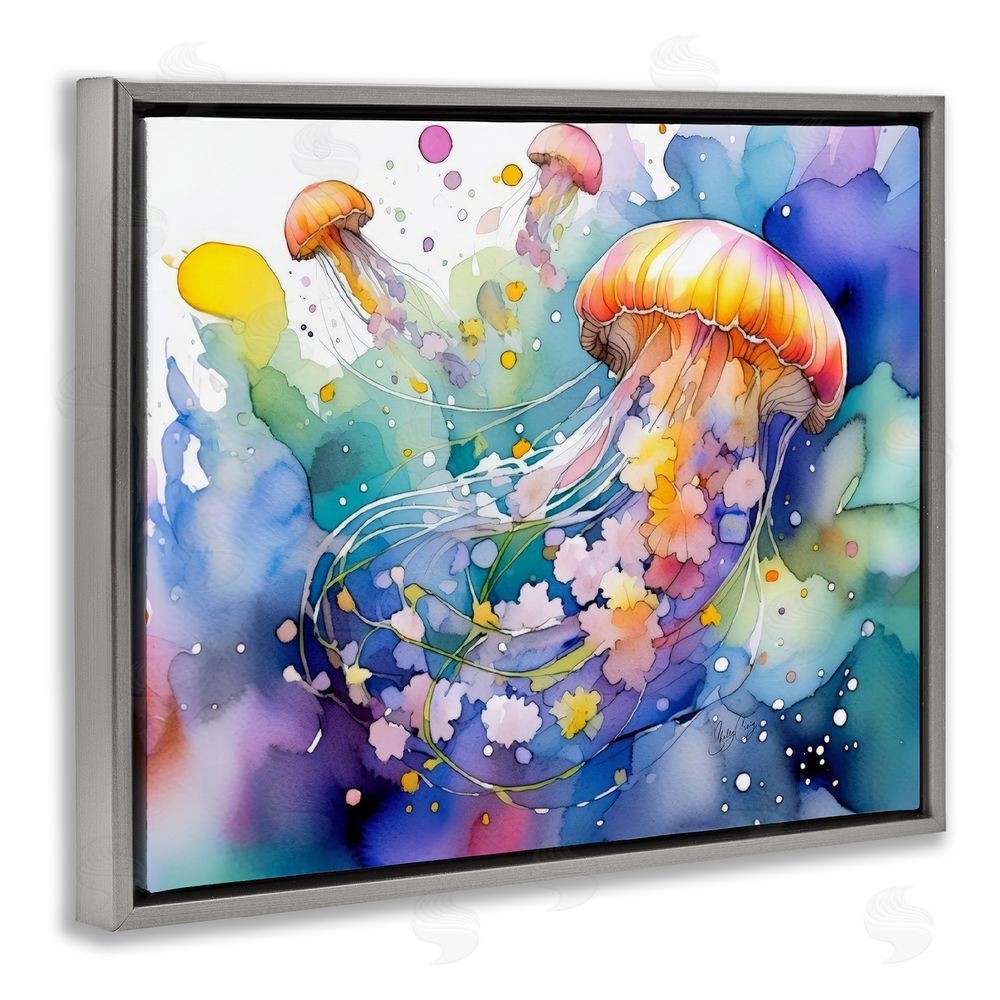 Shelly Craig Neon Jellyfish Underwater Gray Floating Frame Canvas Wall Art Print
