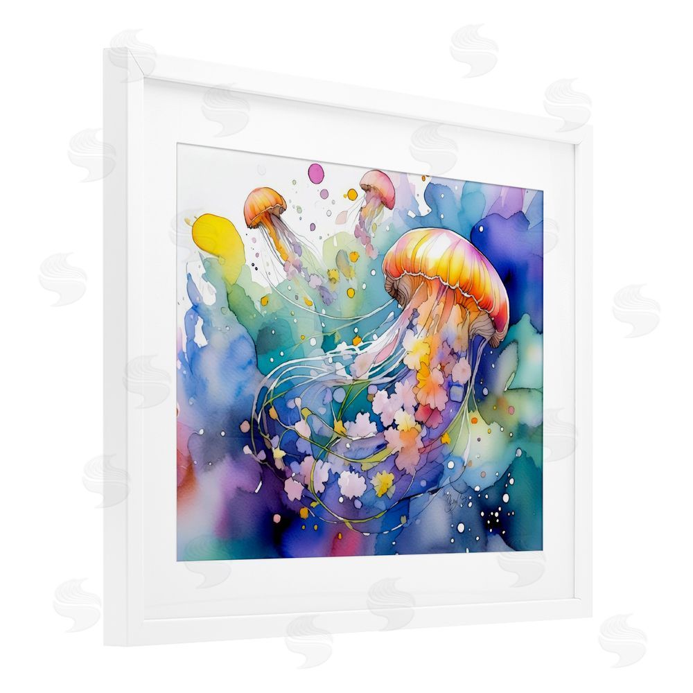 Shelly Craig Neon Jellyfish Underwater White Framed Print Under Glass Wall Art