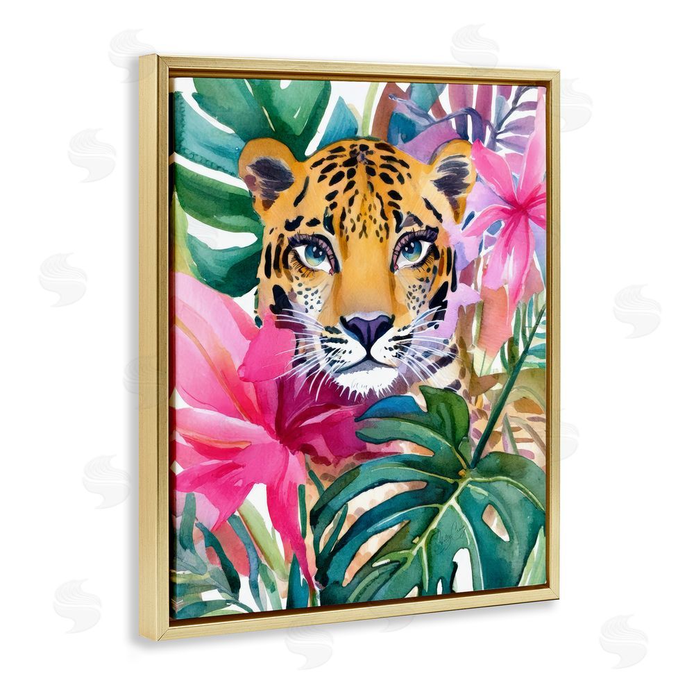 Shelly Craig Tropical Tiger Peeking Gold Floating Frame Canvas Wall Art Print