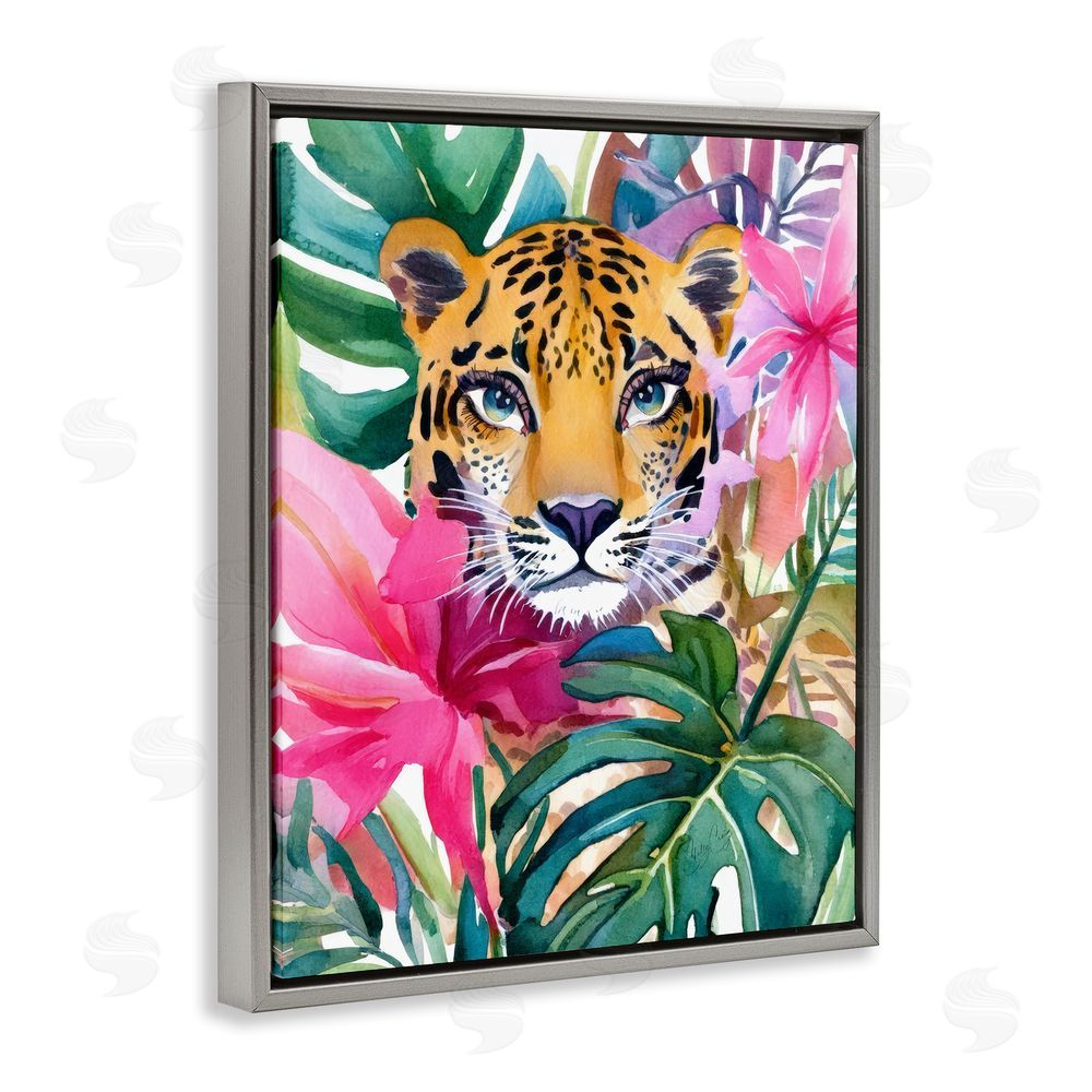 Shelly Craig Tropical Tiger Peeking Gray Floating Frame Canvas Wall Art Print
