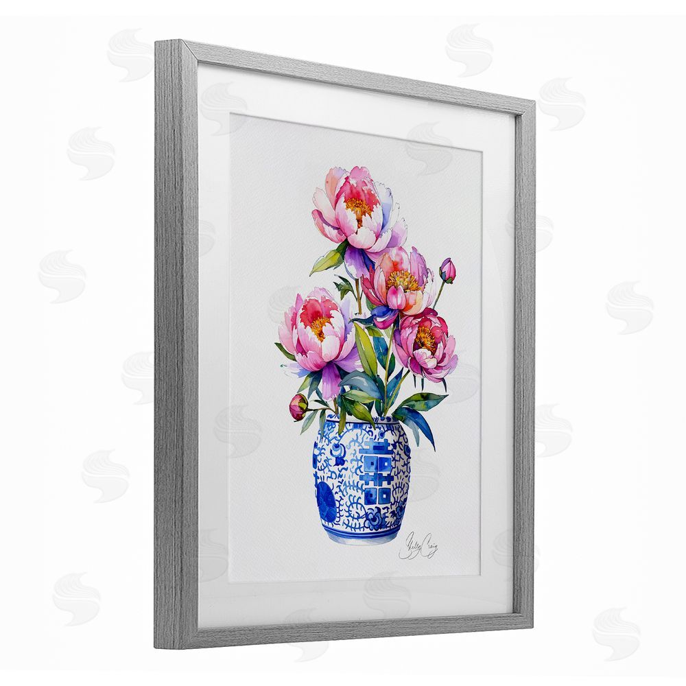 Shelly Craig Blue Dynasty Blooms Gray Framed Print Under Glass Wall Art