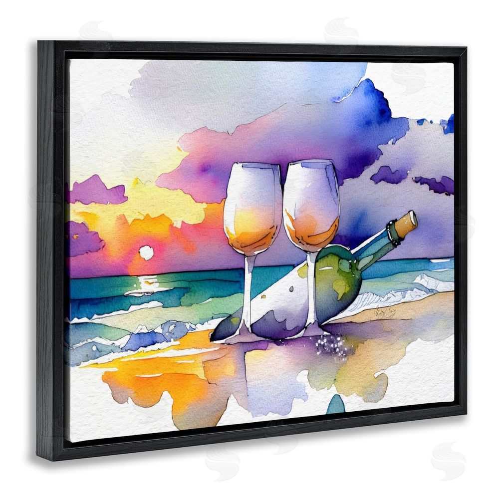 Shelly Craig Coastal Cheers with Wine Black Floating Frame Canvas Wall Art Print