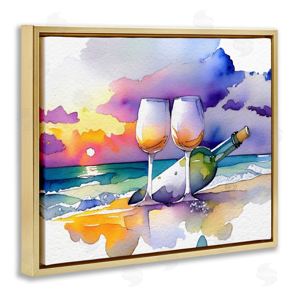 Shelly Craig Coastal Cheers with Wine Gold Floating Frame Canvas Wall Art Print