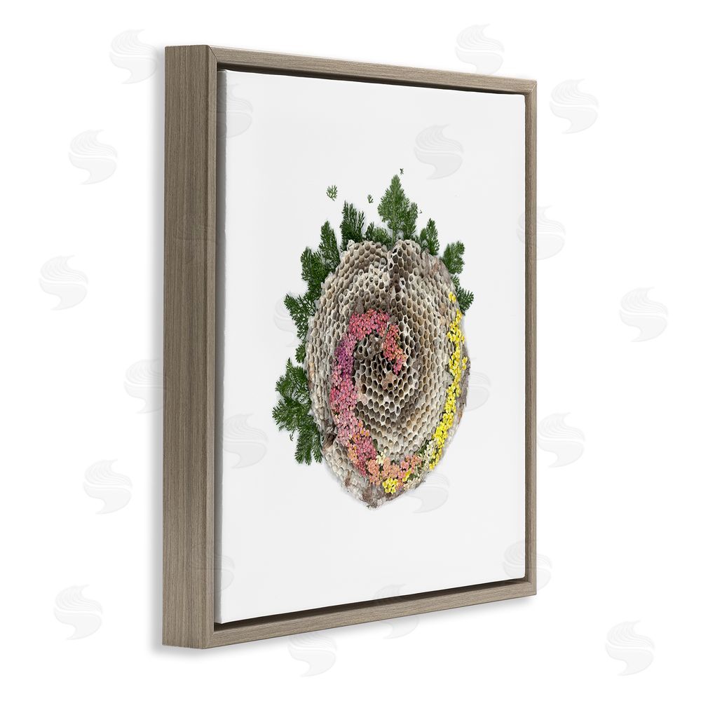 Beth Adoette Honeycomb with Botanicals Brown Floating Frame Canvas Wall Art Print