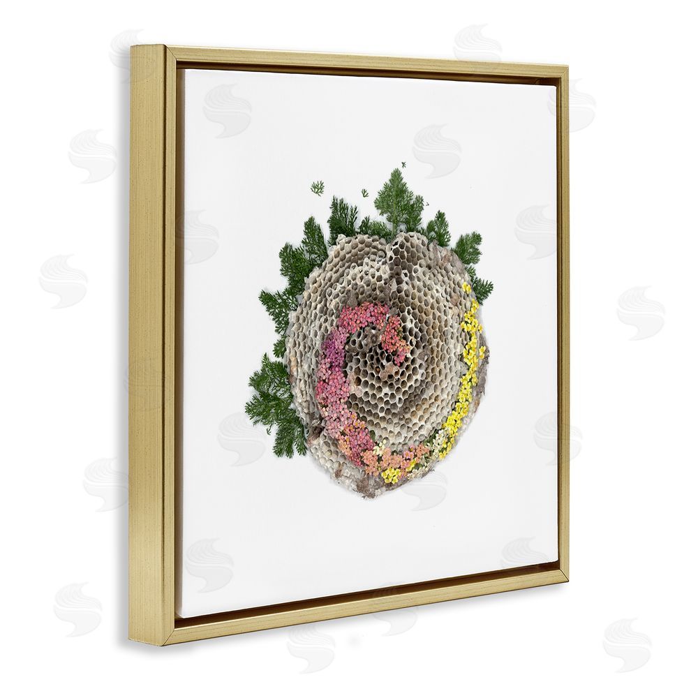 Beth Adoette Honeycomb with Botanicals Gold Floating Frame Canvas Wall Art Print