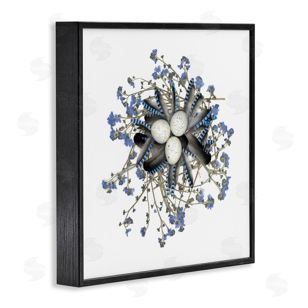 Beth Adoette Feathered Nest & Blue Florals Black Framed Giclee Wall Art Print